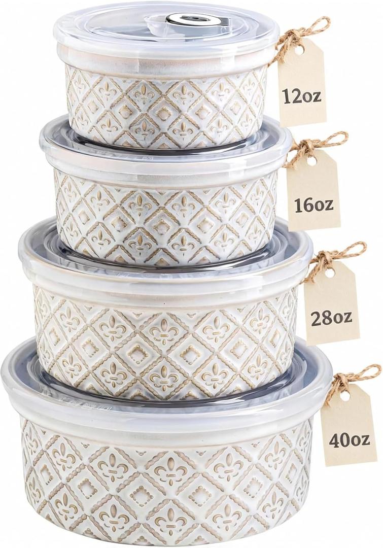 Airtight Food Storage Containers with Lids Mixing Bowls Set, Ceramic Serving Bowls with Lids Set of 4, 12/16/28/40 oz Stackable Nesting Salad Bowls for Cooking, Baking, Ramen - Beige