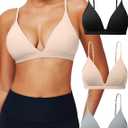 Triangle Bralette for Women Removable Padded Bra Yoga Deep V Neck Triangle Adjustable Straps Wireless (X-Large, Black Grey Beige 3 Pack)