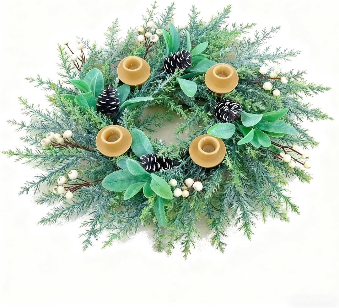 Trfdhm Candle Holder Wreath, Christmas Advent Centerpiece Decor,20 inch Candle Wreath Decorations for Table Indoor Home & Church  (White)