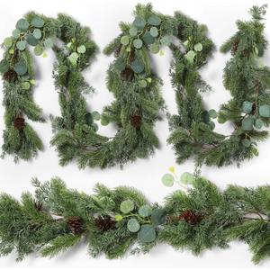 XunYee 9 Feet Christmas Cedar Garland, Realistic Pine Needles Garland with Cones and Eucalyptus Leaves, Artificial Greenery for Mantle, Stair, Doorway, or Xmas Holiday Decoration