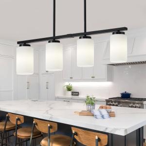Modern Island Lights for Kitchen, Black Dining Room Light Fixtures, 4-Light Farmhouse Linear Chandeliers Over Table White Frosted Glass Adjustable Hanging Light Kitchen Pendant Lighting Over Island