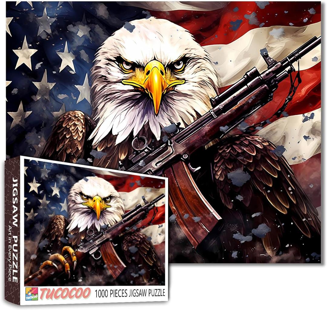 American Flag Jigsaw Puzzles for Adults 1000 Pieces, Bald Eagle Shoulder a Gun Jigsaw Puzzle Art 20 x 27 Inches Colorful DIY Puzzles for Home Decoration, Family Puzzle Perfect for Game Nights