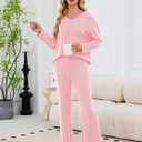 Womens 2 Piece Lounge Sets Long Sleeve Ribbed Knit Casual Top Wide Leg Pants Matching Set Spring Fall Outfits (Pink, L)