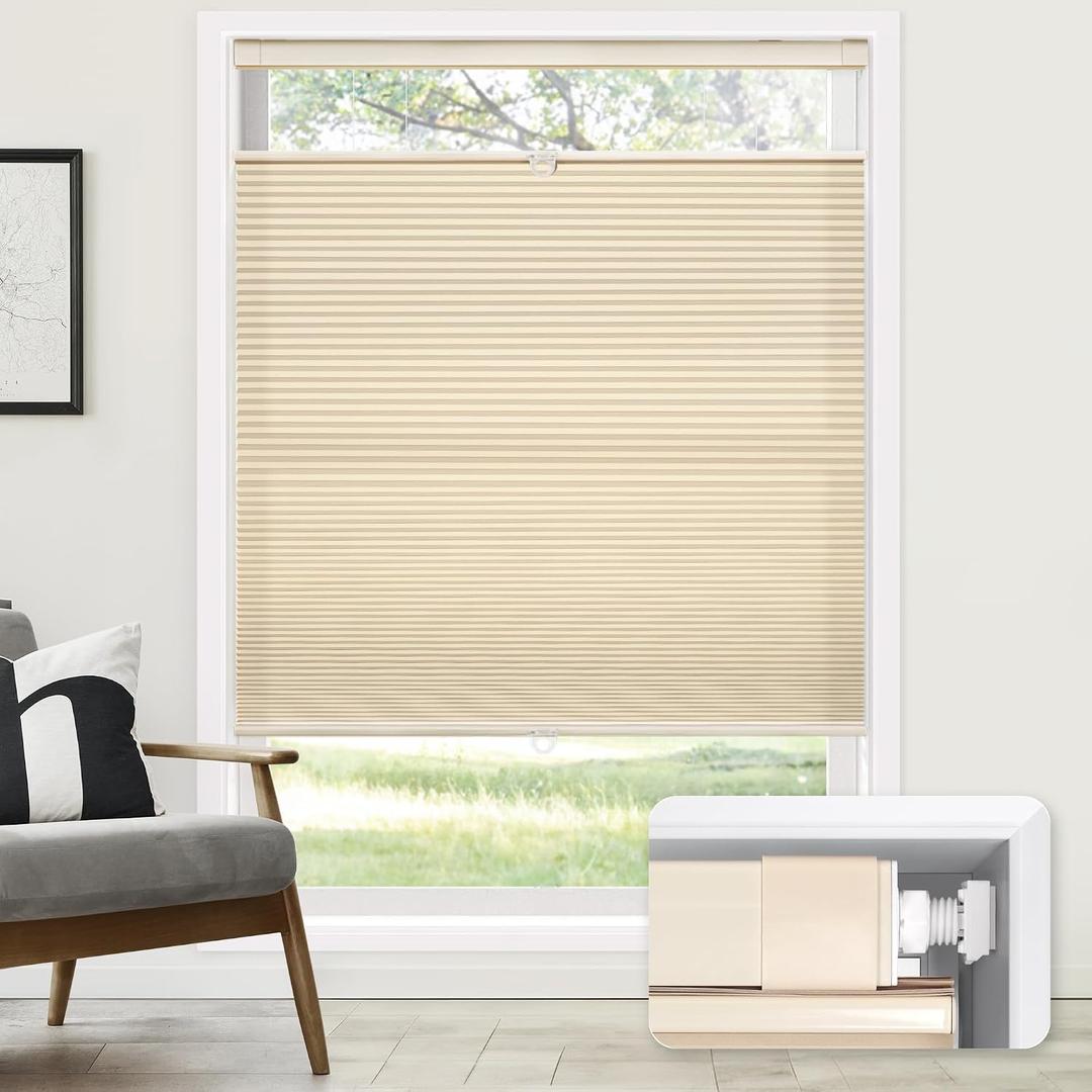 LazBlinds No Tools No Drill Cordless Cellular Shades, Top Down Bottom Up (TDBU) Honeycomb Shades for Home, Light Filtering Thermal Insulation Blinds for Windows, 23" W x 48" H, Beige