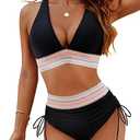 Blooming Jelly Women's High Waisted Bikini Sets Two Piece Tummy Control Swimsuit Color Block Bathing Suits (Medium, Black)