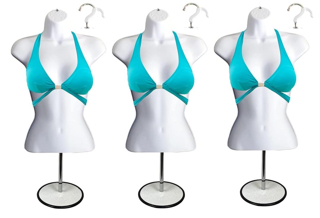 Female Mannequin Torso with Metal Stand Hollow Back Body Stackable Dress Form for Tshirt Display, Countertop, Craft Shows, Photos and Design, S-M Clothing Size (White, Set of 3)