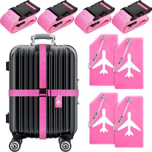 Weewooday 8 Pack Luggage Straps Suitcase Tags Set, Travel Adjustable Suitcase Belt Silicone Luggage Tags with Name ID Card Man Women Travel Accessories (Pink)