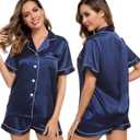 LecGee Womens Silk Satin Pajamas Short Sleeve Loungewear Two-Piece Sleepwear Button-Down Pj Set (Medium, Navy Blue-03)