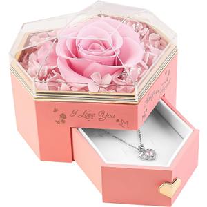 Heart Shape Preserved Real Rose Box with Necklace, Forever I Love You Roses Gifts for Her, Eternal Flowers Gifts for Women, Birthday Anniversary Thanksgiving Ideas - Pink