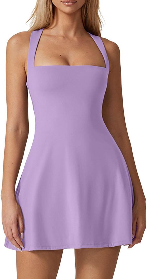 QINSEN Womens Square Neck Tennis Dress Sleeveless Built in Shorts Golf Athletic Dress with Pockets (X-Large, Light Purple)