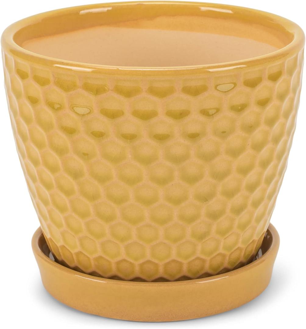 Napco Honeycomb Embossed Bright Yellow 6 Inch Ceramic Flower Pot Planter with Saucer Yellow