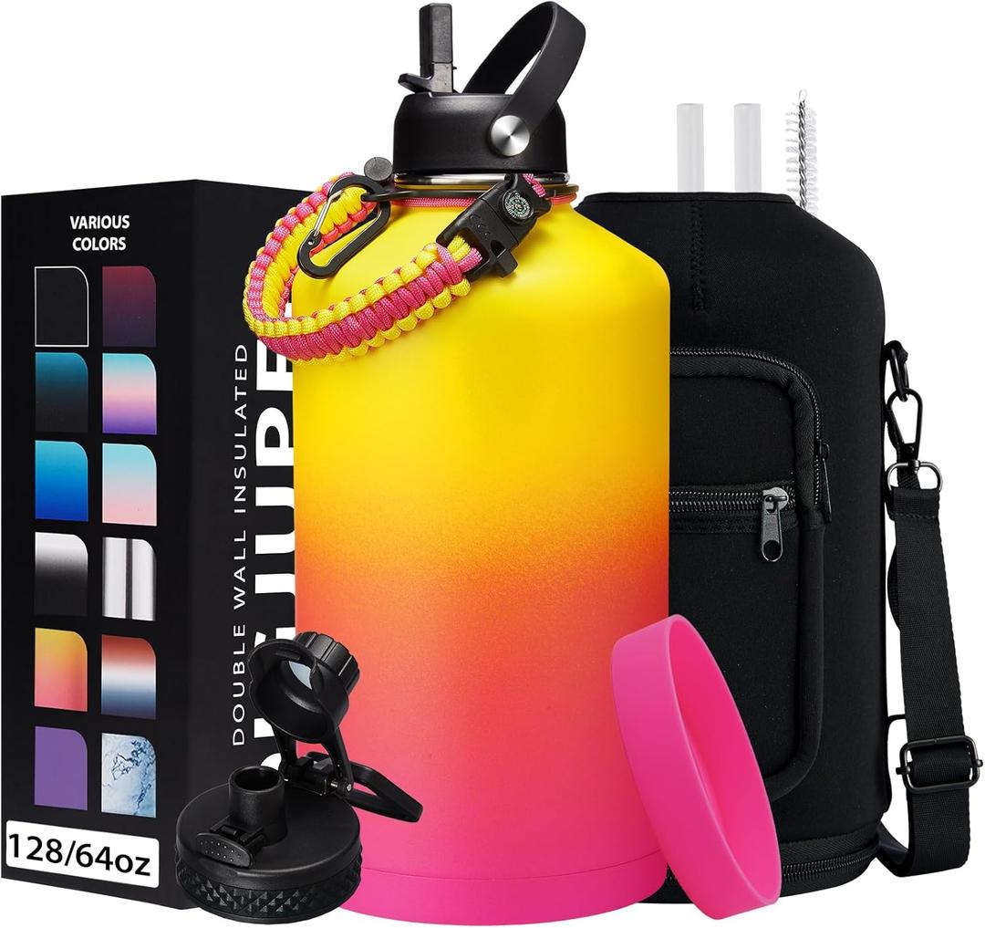 1 Gallon Insulated Water Bottle - with Straw & Auto Chug Lid, Paracord Handle, Bottle Sleeve, 128 oz Stainless Steel Water Bottle, Large Metal Gallon Water Jug Canteen for Sport Work (Yellow Rose-red Gradient)