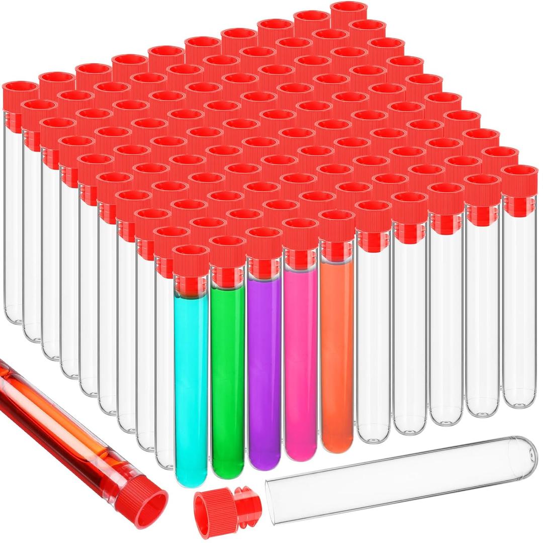 100 Pcs Plastic Test Tubes Clear 16 x 100mm Test Tube with Caps for Lab Plastic Vials Joint Container for Plants Beads Party Nurse Halloween Party Favors Decorations(Red)