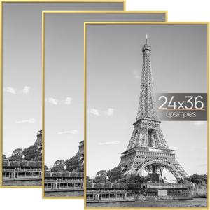 upsimples 24x36 Poster Frame Gold 3 Pack, Scratch-Proof Picture Frames 24 x 36 for Photo Gallery - Slide-In Strips, Horizontal or Vertical Wall Mounting