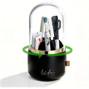 360 Rotating Toothbrush Holder for Bathroom, 7-Slot with Cover & Drainage for Electric Toothbrushes, Toothpaste, Razors - Stand Storage for Vanity, Bathroom Accessories, Countertop Organize (Black)