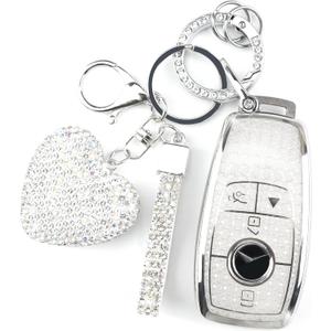 Key Fob Cover Fit for Mercedes with Keychain Compatible with Benz 2017-2021 E-Class 2018-2021 S-Class 2019-2021 A-Class C-Class G-Class, 4 Buttons (Silver)
