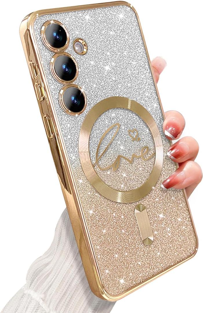 for Samsung Galaxy S24 Case Magnetic,for Women Girl Soft Cute Luxury Love Heart Plating Bling Glitter Gradient Clear Phone Case Compatible with MagSafe Shockproof Back Cover 6.1-Gold