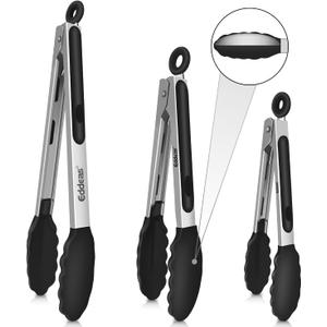 Eddeas Kitchen Tongs with Silicone Tips, Tongs for Cooking Heat Resistant 600 Degrees Stainless Steel Locking Tong - 7" 9" & 12 inch Silicone Tong Non-Stick, Black Set of 3