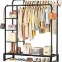 Double Rods Clothes Rack Clothing Rack with 4 Tier Storage Shelves Clothes Rack for Hanging Clothes Multifunctional Heavy Duty Clothes Organizer with Hooks for Bedroom, Wardrobe Closet, Shop, Black