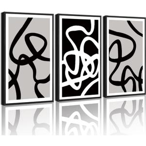 PHOPAGO Black and White Lines Abstract Wall Art Ink Wash Minimalist Framed Canvas Painting Artwork 11x14in Black Framed (11" x 14" x 3 Pcs Black, Black Line)