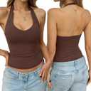 EasyGala Womens Double Lined Halter Tank Tops Backless V Neck Sleeveless Shirts Sexy Going Out Tops Summer Trendy 2026 (Brown, S)
