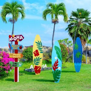 Jenaai 4 Pcs 3.94 ft Summer Surfboard Party Decor Large Surfboard Cardboard Cutout Life Size Hawaiian Beach Photo Props Stand up Tropical Flower Luau Decoration for Summer Aloha Bar Birthday Supplies