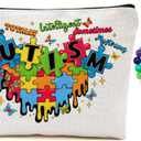 Autism Puzzle Words Makeup Bag for Women Teacher Mom, Large Capacity Makeup Pouch Travel Organizer Toiletry Cosmetic Bag, Autistic Puzzle Elastic Natural Stone Beaded Bracelet, Gifts for Women (Multicolor 1192)