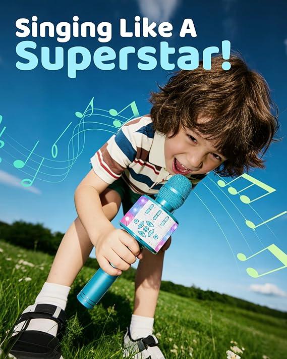Amazmic Kids Karaoke Microphone Machine Toys for Girls Bluetooth Microphone with LED Light, Christmas Birthday Gift for Girls Boys 3 4 5 6 7 8 9 10 11 12 Year Old Kids Toys(Blue)