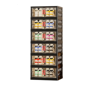 3 Tiers 6 Pairs Foldable Shoe Rack Storage Cabinet, Suitable for Closet Entryway, Collapsible Shoe Storage Organizer Cabinet with Magnetic Door，Easy Assembly (Black)