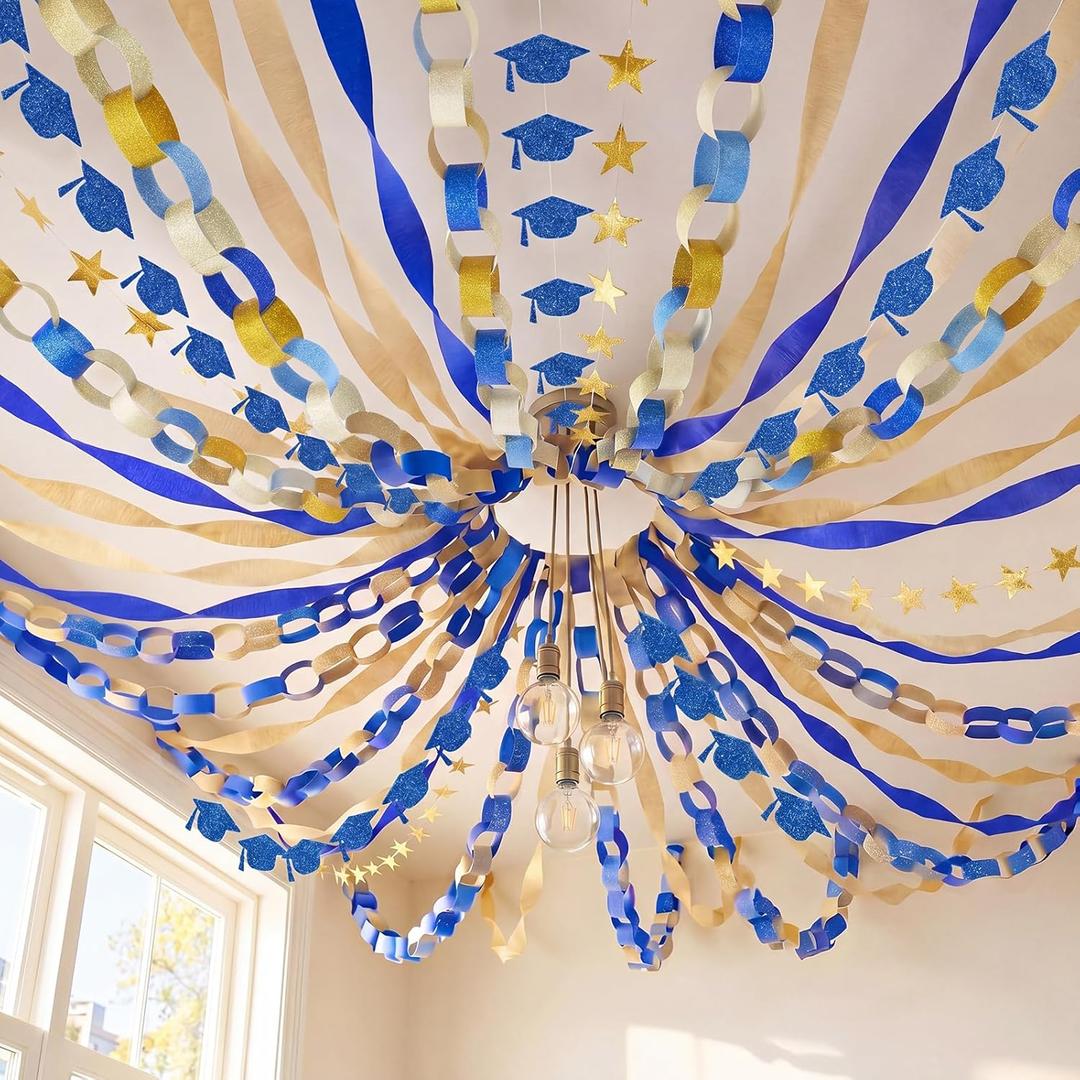 TaoBary Graduation Decorations 2026 Blue and Gold Grad Party Decoration Includes 42ft Graduation Cap Banner Star Garland 328ft Blue Gold Streamers 400pcs Glitter Paper Chain for Class of 2026 Decor