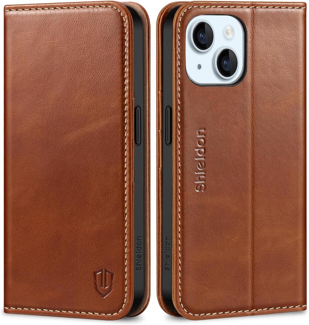 SHIELDON Case for iPhone 15 2023, Genuine Leather Wallet Book Case Magnetic RFID Blocking Credit Card Holder Kickstand Shock Absorbing Cover Compatible with iPhone 15 6.1" - Retro