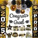 Black Gold Graduation Decorations 2025, Class of 2025 Decorations, Black and Gold Graduation Decorations 2025 Include Proch Banner, Balloons, Hanging Swirls and Paper Pompoms