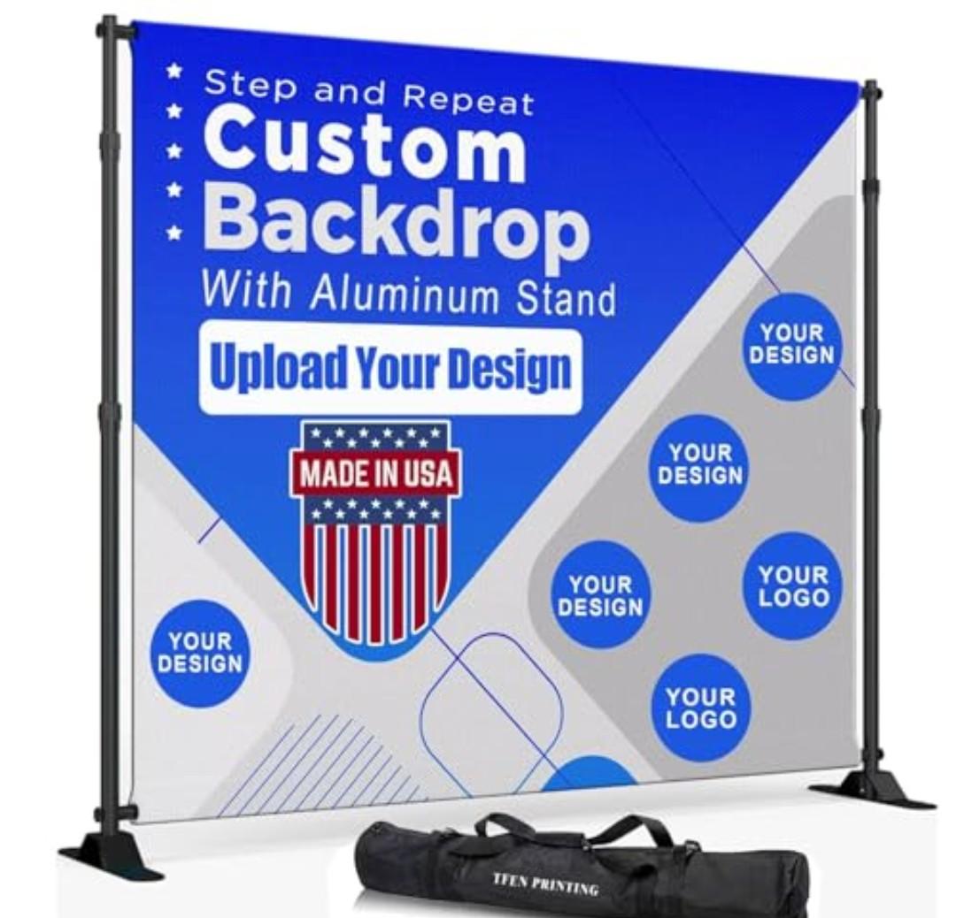 Custom Backdrop with Stand | Custom Step and Repeat -Made in USA- 8ft x 8ft Wrinkle-Free Non-Glare Fabric,with Thick Heavy Duty Aluminum Stand (Included) Personalized backdrops for Events