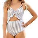 Saodimallsu Girls One Piece Cutout Ruffle Swimsuits Kids Floral High Waisted Tie Front Bathing Suits 150