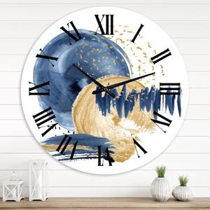 Modern Wall Clock 'Dark Blue & Gold Abstract Circle Ocean Texture' Abstract & Fractals Large Wall Clock for Office Decor (29x29)