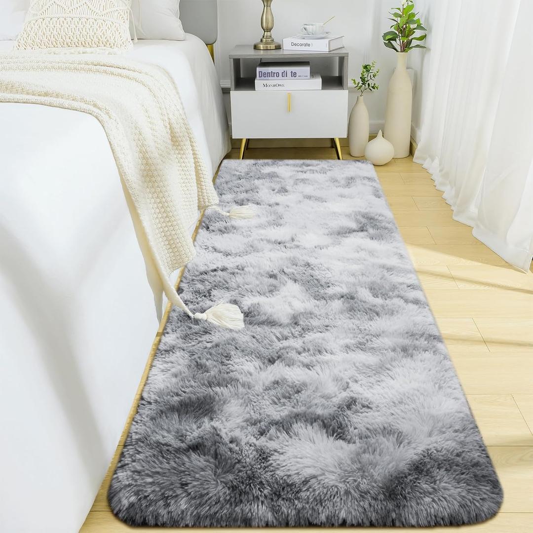 BENRON Soft Runner Rugs for Bedroom 2x6, Washable Long Runners for Hallway Entryway Kitchen Dorm, Fluffy Throw Rug for Kids Girls Room Decor Photo Prop, Tie-dye Grey