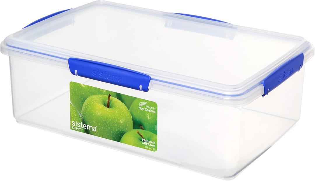 Sistema KLIP IT Food Storage Container, 7 L, Airtight & Stackable, BPA-Free, Clear with Blue Clips (236oz)