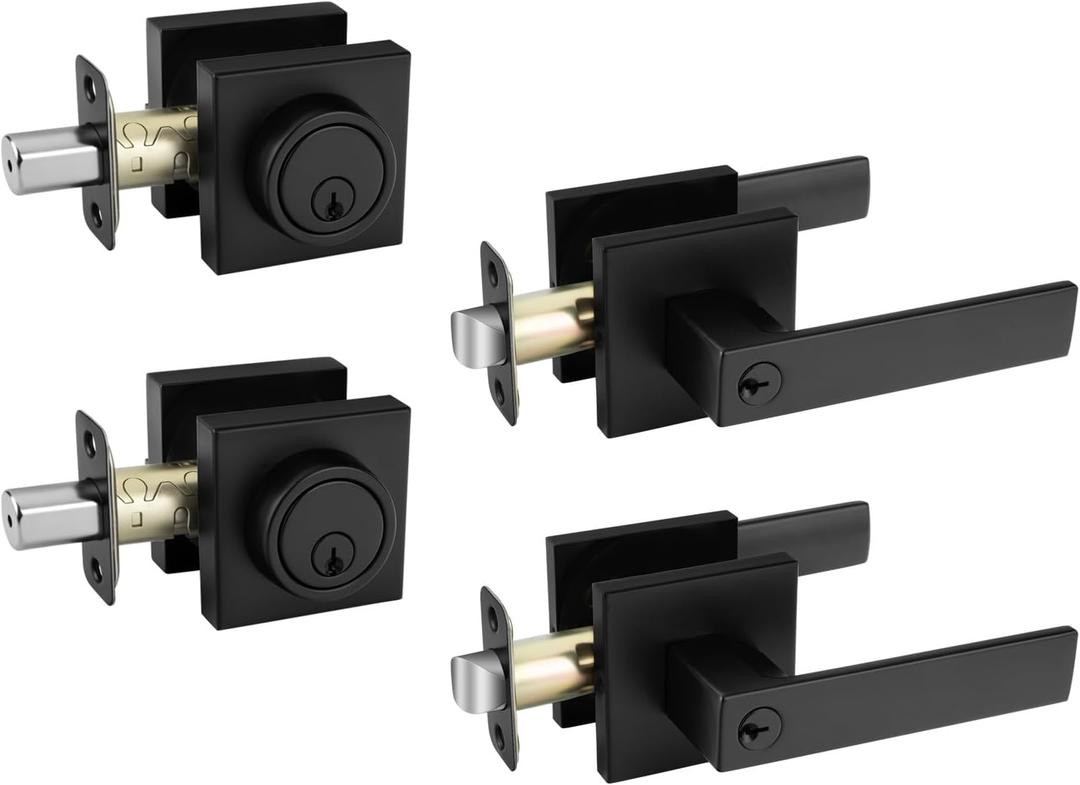 goldenwarm Exterior Door Lock Set Front Door Lock Set, Heavy Duty Matte Black Front Door Handle and Deadbolt Set (2 Pack)