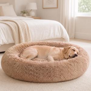 Sweetcrispy Large Dog Bed for Indoor, Calming Donut Bed for Dogs and Cats, Classic Brown Donut37.4x37.4x6.7in