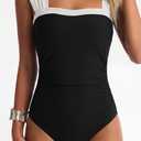 One Piece Swimsuit for Women Tummy Control Bathing Suits Full Coverage Wide Straps Swim Suit Color Block Swimwear (Black, M)