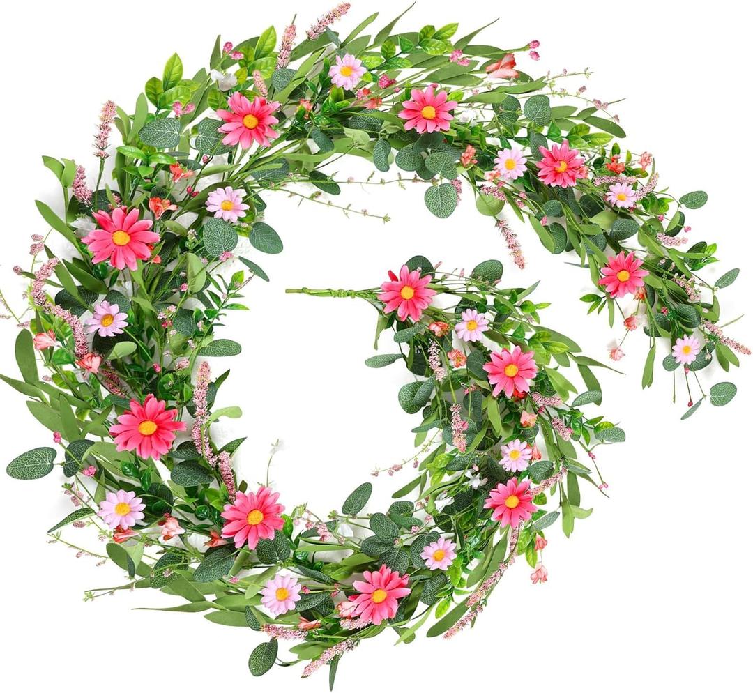 6 Ft Pink Flower Garland Silk Artificial Wildflower Daisy Flowers Faux Floral Garland Spring Flower Hanging Vines with Green Leaves for Fireplace Wedding Arch Wall Home Indoor Outdoor Party Decor