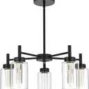 VINLUZ 5 Light LED Modern Pendant Lights, Classic Black Chandelier with Crystal Bubble Clear Glass Shade Indoor Kitchen Island Lights Fixtures for Dining Room Cafe Bar