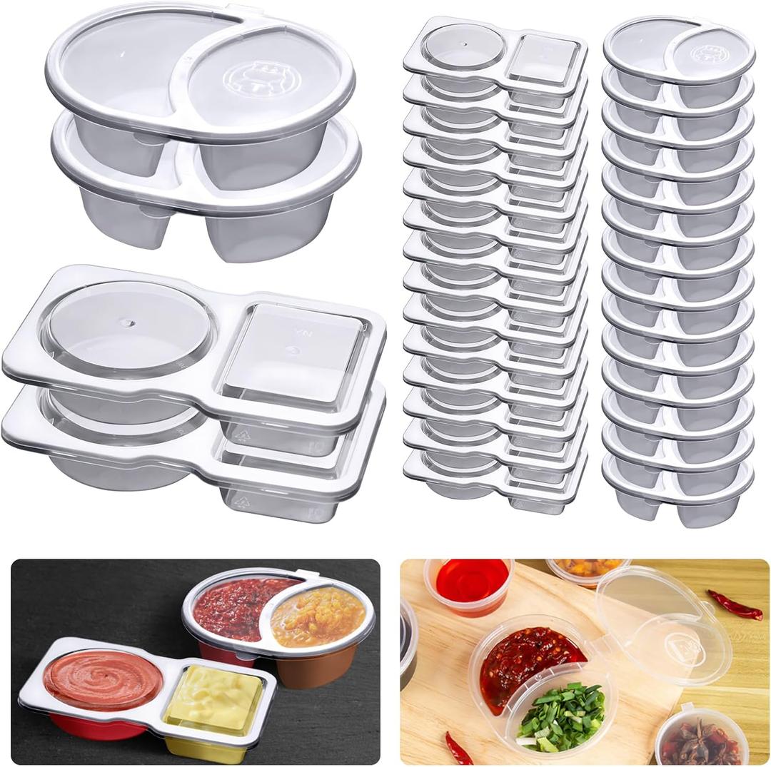 32 Sets Double Compartment Condiment Container, Disposable 2 Compartment Snack Containers with Lids, Reusable Plastic Double Condiment Containers for Salad, Sampling, Dipping SauceTravel Snack