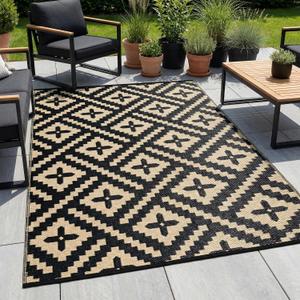 Outdoor Rug Geometric Black Beige 9x12 Waterproof | Extra Large Reversible Plastic Straw Outdoor Patio Rug 0.13" Thick for Family Gathering