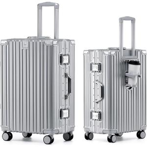 HotWay 20 Inch Aluminum Frame Carry On Luggage with Spinner Wheels, PC Hard Shell Suitcase with Cup Holder, Zipperless Luggage for Business Travel, Silver