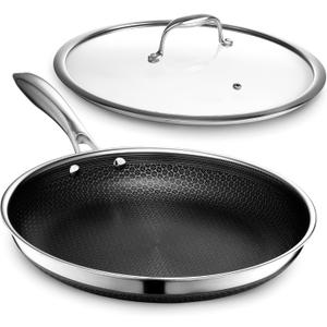 HexClad Hybrid Nonstick 12-Inch Frying Pan with Tempered Glass Lid, Stay-Cool Handle, Dishwasher-Friendly, Oven-Safe Up to 900F, Induction Ready, Compatible with All Cooktops