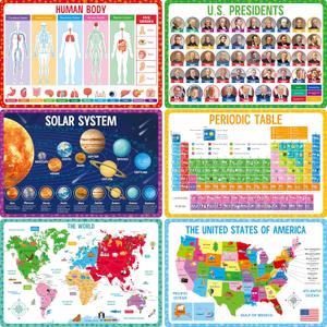 6 Pack Placemats for Kids, Non-Slip Washable, Reusable Universe, Periodic Table, US President, Human Body, Map of USA & World Educational Placemats for Home, Kindergarten, Classroom, Nursery
