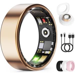 Smart Ring for Women & Men, Health Tracker Ring with Heart Rate, Blood Oxygen,Blood Pressure, IP68 Waterproof Fitness Ring, Sleep Tracker for iPhone and Android, No APP Fee (Rose Gold, 7#)