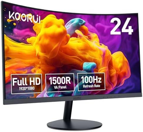 KOORUI 24 inch Curved Monitor, Full HD 1080P Curved Computer Monitor, 100Hz 1500R PC Screen, HDMI VGA, Tilt Adjustment, LCD Display, Eye Care, Black 24N5CA