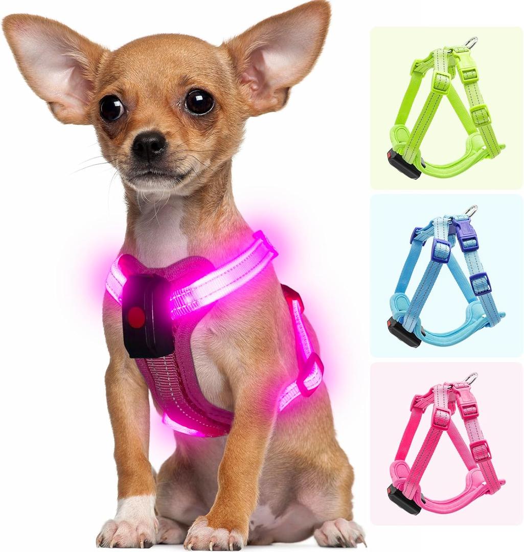 Light Up Dog Harness for Small Dogs Rechargeable, LED Dog Vest Harness, Adjustable Illuminated Glow in Dark Dog Harness for Puppy Night Safety Walking 360 True Illumination-Pink